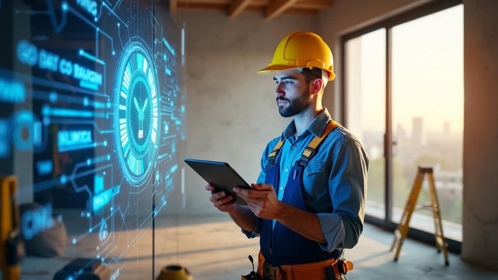 Contractor using tablet in futuristic construction site.