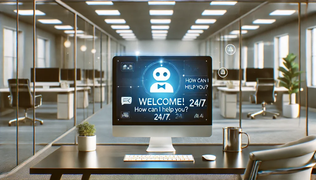 Office computer with chatbot welcome screen.