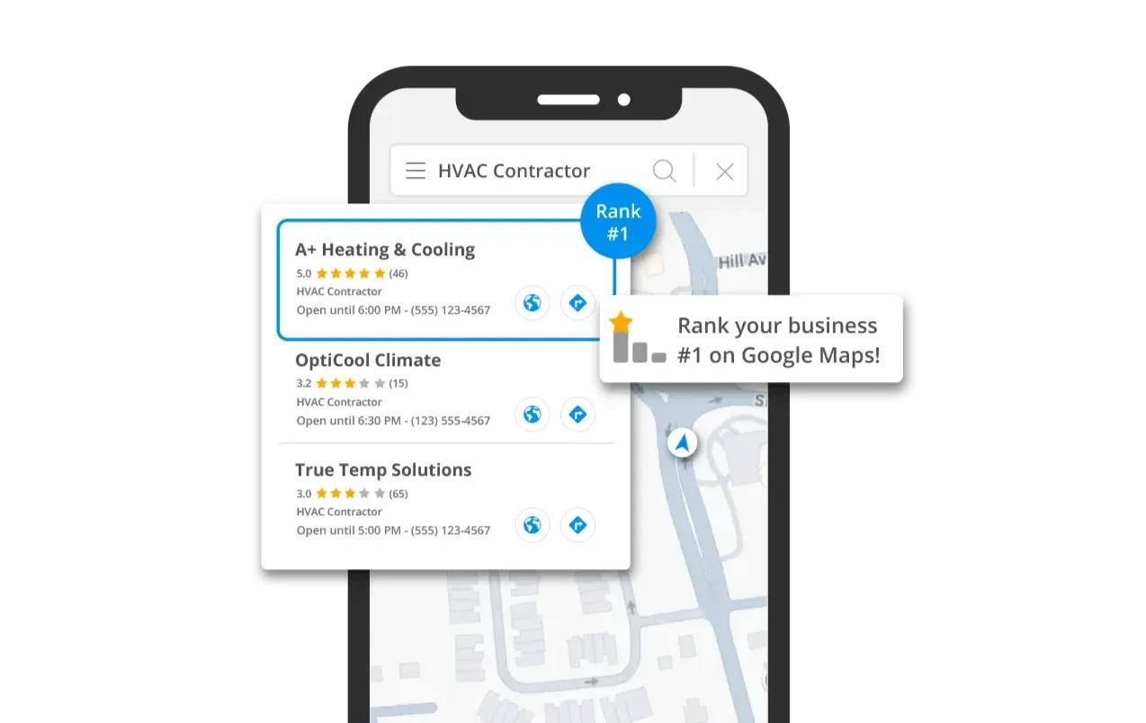 Mobile app showing HVAC contractor rankings on map.