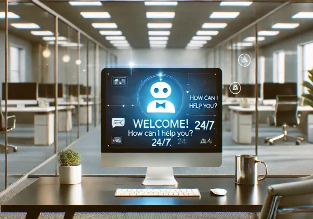 Office computer with chatbot welcome screen.