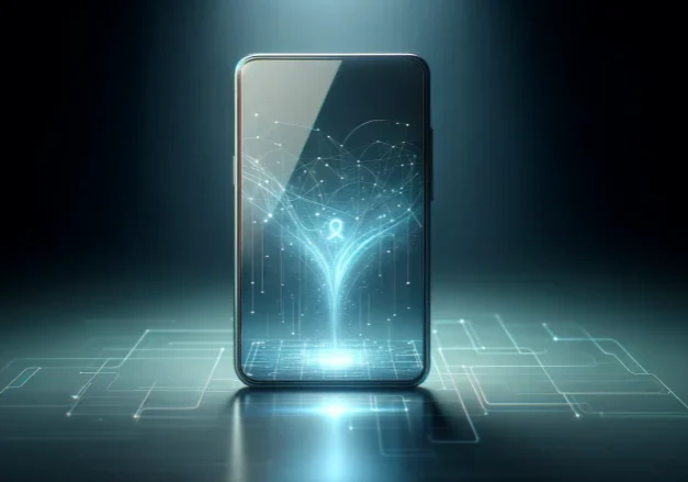 Futuristic smartphone with glowing holographic display