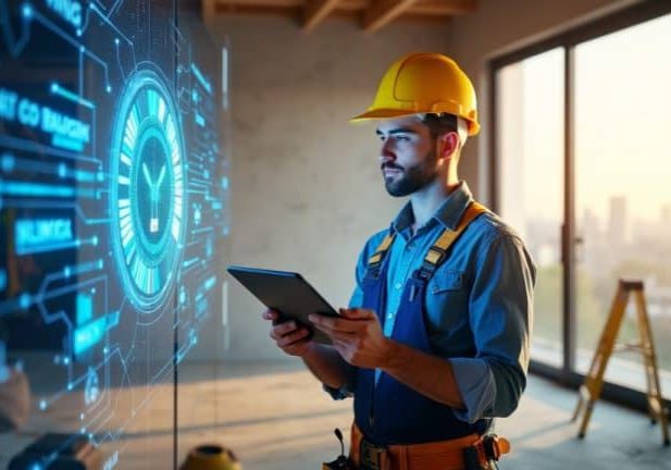 Contractor using tablet in futuristic construction site.